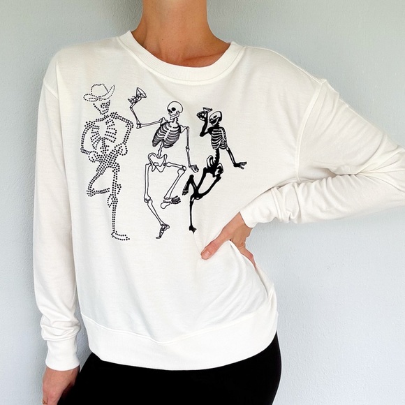 Jane + Delancey white dancing skeleton party lightweight sweatshirt size small - Picture 1 of 10